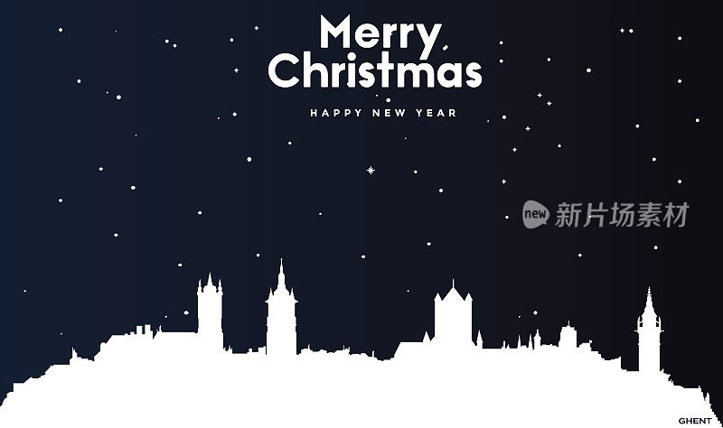 Christmas and New year dark blue greeting card with white panorama of Ghent